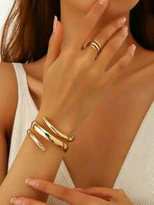 2pcs Minimalist Luxury Smooth Line Stainless Steel Bangle & Gold Ring Set, Fashionable Versatile Elegant Accessories Suitable For Women's Daily Wear - Gold - View 2