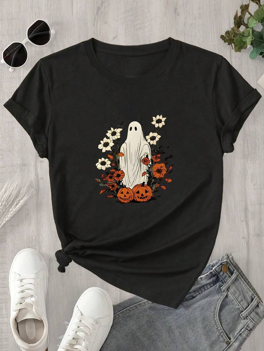 Camiseta de manga corta y cuello redondo para mujer con estampado de fantasmas rodeados de flores y calabazas, ideal para todas las estaciones. - Negro - Ver 1