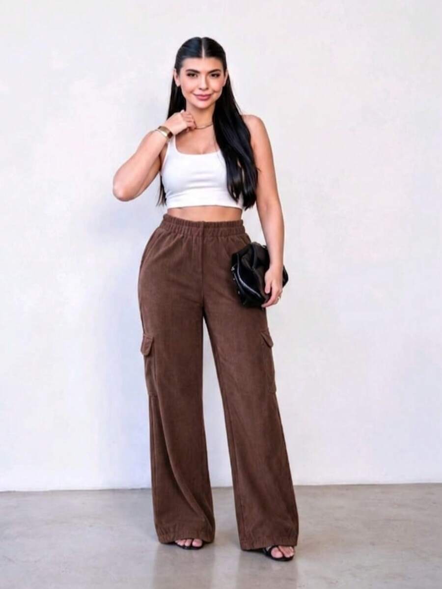Comfortable Velvet Cargo Wide-Leg Pants For Winter - Óxido marrón - Ver 1