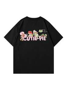 女款夏季 T-shirt，可愛「Cutie-Pie」印花寬鬆休閒 T-shirt，適合日常穿著與甜美女孩風，黑色 - 黑色 - 查看 5