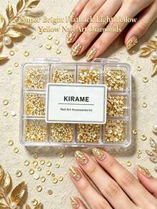 KIRAME 1200顆平底白色水鑽美甲貼片 - 12件組DIY美甲套組附點花工具，1-5mm閃亮美甲水鑽，適用於美甲沙龍、美甲供應商、美甲用品、聖誕節、新年、旅遊與夏季美甲、節日禮物 - 黃色 - 查看 3