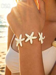 OOQ 1pc Summer Beach Vacation Style Handmade 3D Starfish Chain Bracelet, Elegant Versatile Women's Fashion Bracelet, Suitable For Daily, Holiday, Travel Wear (Handmade Raffia Weave, Random Direction And Shape) - White - View 1
