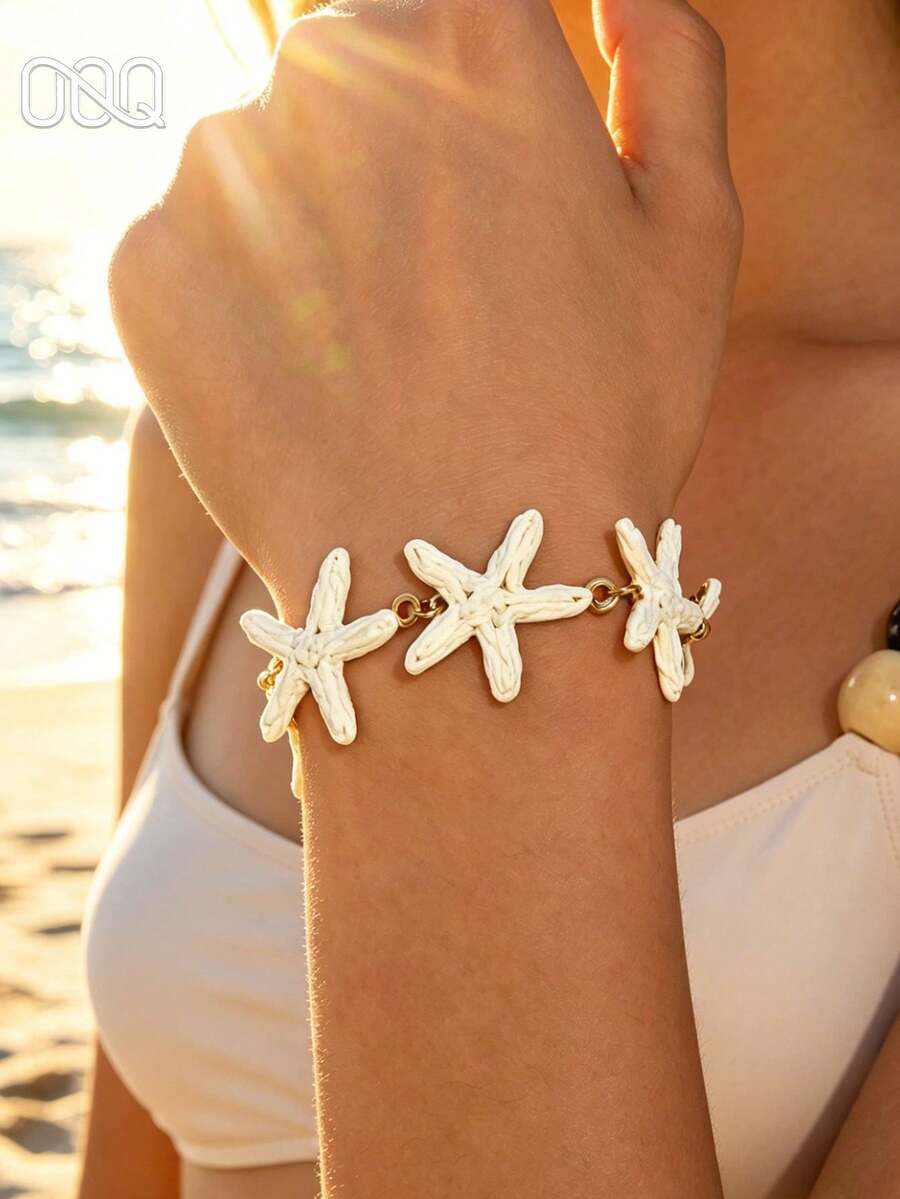 OOQ 1pc Summer Beach Vacation Style Handmade 3D Starfish Chain Bracelet, Elegant Versatile Women's Fashion Bracelet, Suitable For Daily, Holiday, Travel Wear (Handmade Raffia Weave, Random Direction And Shape) - White - View 1