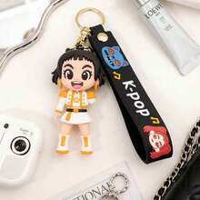 MINISO Hunter Squad K-Pop 娃娃鑰匙圈，黑髮女孩公仔鑰匙環附黑色掛繩，可愛動漫背包吊飾，包包掛飾，汽車鑰匙配件，送給朋友的禮物 - 樣式 1 - 查看 3