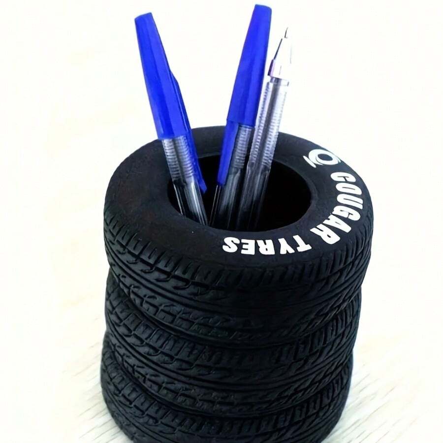 1/2pcs Fun Tire-Shaped Pen Holder - Durable Black PVC Desk Organizer With Letters, Suitable For School And Office - One Tire Pen Holder - View 1