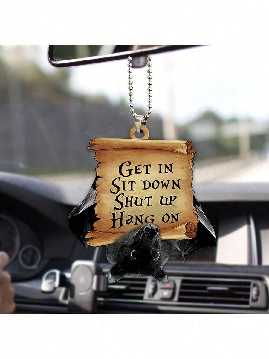 2pcs Halloween Bat Hanging Ornaments, Hanging Bat Party Decorations, Flat Acrylic Bats With "Come In Sit Down Shut Up Hold On" Text, Gothic Style Car Rearview Mirror Charms, Fireplace Wall Yard Home Decor, Halloween Decorations - Multicolor - View 1