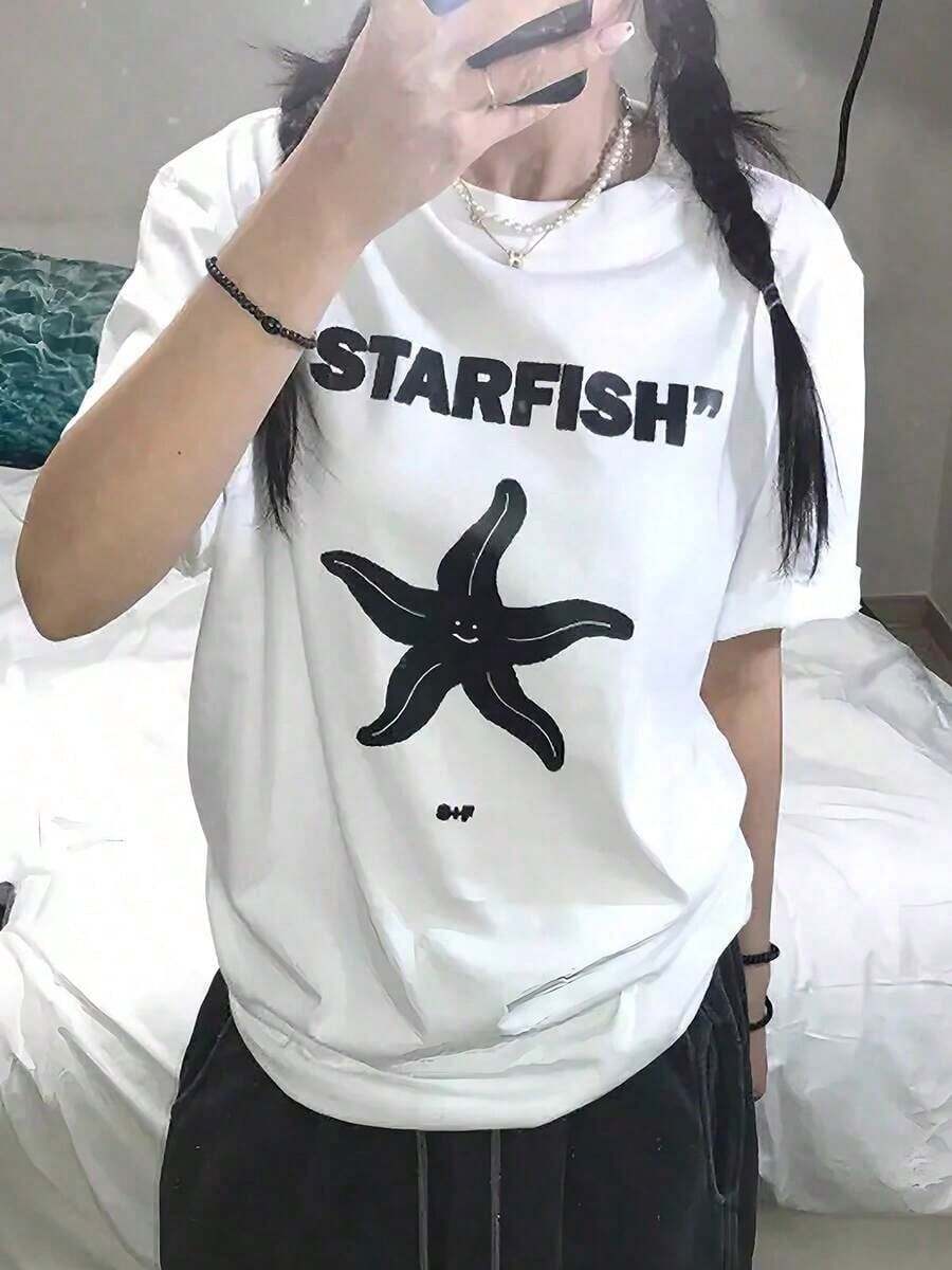 Minimalist. 100% Cotton. 1pacY2K Cartoon Pentagram Print Short Sleeve T-Shirt For Women, New Summer Fashion, Loose Round Neck, Versatile Design, White Top - Relaxed Fit, Vintage Casual Style, Comfortable For Daily Wear, Unisex Short Sleeve Cotton T-Shirt. Spring Summer Top - 白色 - 查看 1