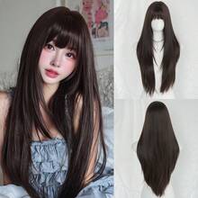 7JHH WIGS 32吋棕色長層次直髮女用假髮－優雅瀏海假髮，深色髮根，自然蓬鬆極柔軟合成耐熱纖維全機製假髮，適合女孩日常、音樂節派對、Cosplay動漫使用 - 棕色 - 查看 11