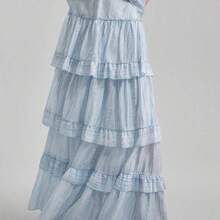 Ontre 2026 Falda larga con volantes y diseño en capas para mujer, primavera/verano. Elegante y fluida, adecuada para el Día de la Mujer, atuendo de playa, vacaciones, festival de música country, citas románticas, viajes urbanos, uso casual. Diseño en capas, color albaricoque y amarillo pálido. Versátil y de moda. - Verde - Ver 4