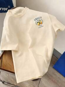 Camiseta de Manga Curta Gola Redonda com Estampa Divertida Casual para Menino Pré-Adolescente, Top de Verão - Damasco - Visão 2