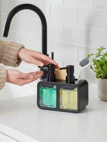 Dispensador de jabón de cocina, juego de dispensador de jabón para platos, botella dispensadora de jabón para manos, soporte para esponja y estante para platos, caja de jabón, adecuado para almacenamiento en la encimera del fregadero de la cocina - Accesorio práctico de cocina - (Toalla no incluida) - Multicolor - Ver 4