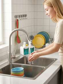 Dispensador de jabón de cocina, juego de dispensador de jabón para platos, botella dispensadora de jabón para manos, soporte para esponja y estante para platos, caja de jabón, adecuado para almacenamiento en la encimera del fregadero de la cocina - Accesorio práctico de cocina - (Toalla no incluida) - Multicolor - Ver 6