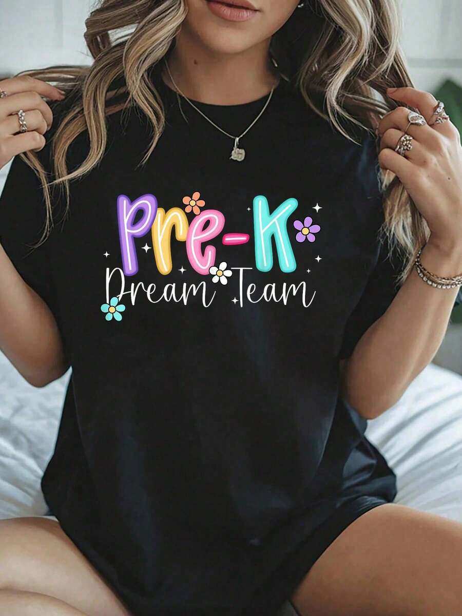 Preppy Back To School Pre-K Dream Team Teacher T-Shirt - Summer Tops Office Outfits For Women, Vacation Outfits Woman - 黑色 - 查看 1