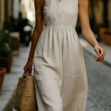 LunaCass8  Vestido de longitud media sin mangas elegante, estilo minimalista para atuendo de vacaciones de verano, vestido con cuello gris-beige, nuevo vestido sin mangas de unicolor para primavera/verano para mujeres - Albaricoque - Ver 4