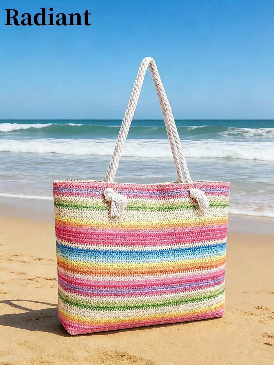 夏季海灘包，編織大容量女款手提包，飾有向日葵和海星，非常適合海灘度假、購物和約會