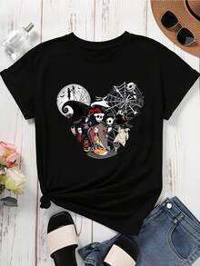 Disney Crew Neck  T Shirt Black Nightmare Before Christmas Characters And Spider Web Design For Halloween Party - 黑色 - 查看 3
