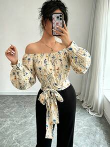 Elegant Women's Off-Shoulder Blouse With Polka Dots And Front Bow - Puff Sleeves, Round Neck, White, Machine Washable, Ideal For Casual Or Semi-Formal Wear In All Seasons - 多色 1 - 查看 4