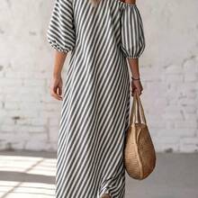 Vestido suelto asimétrico de hombro con textura de rayas de estilo retro y casual de vacaciones "Island Breeze" para mujeres AG - Multicolor - Ver 9