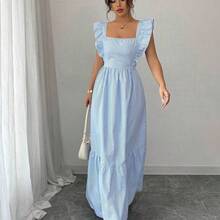 Vestido casual de mujer con cuello cuadrado, estampado de rayas y dobladillo con volantes . - Energía azul - Ver 7