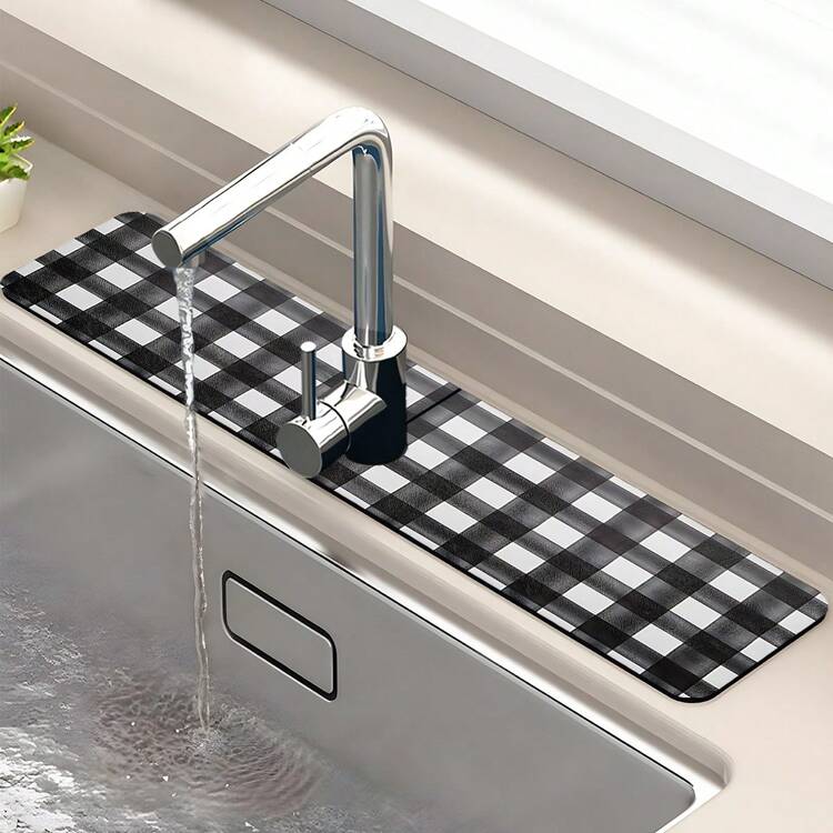 1 miếng tấm hút vòi nước bồn rửa chén họa tiết caro đen trắng, tấm thoát nước cho nhà bếp, bồn rửa phòng tắm, mặt bàn, tấm thoát nước, bồn rửa bằng đá diatomite, tấm cắt được nhanh khô - Nhiều màu - Xem 5