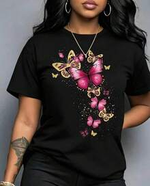 Plus-Size Women's Clothing, Vibrant Butterfly Print Spring-Summer Short-Sleeve Round-Neck T-Shirt - Soft And Loose Fit, Short Sleeves, Round Neck, Machine Washable, Comfortable And  For Everyday Wear - 黑色 - 查看 8
