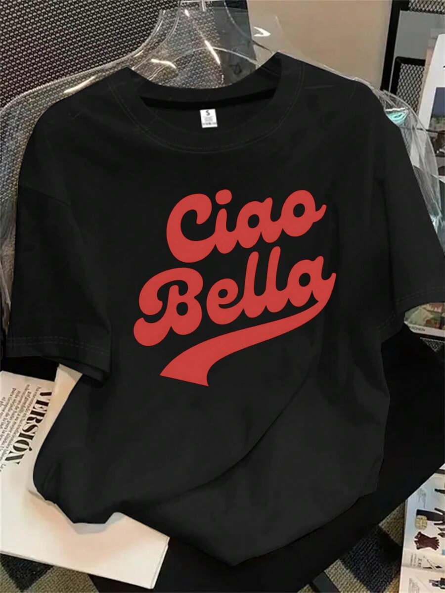 Camisa de mujer de manga corta y cuello redondo con estampado de logo en forma de anillo blanco, apta para todas las estaciones. - Negro - Ver 1