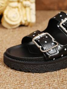 Polka Dot Double Buckle Platform Wedge Sandals, Women's Thick Bottom Casual Slip-On Slippers, Beach, Suitable For Daily Wear - Polka Dot Black - View 5