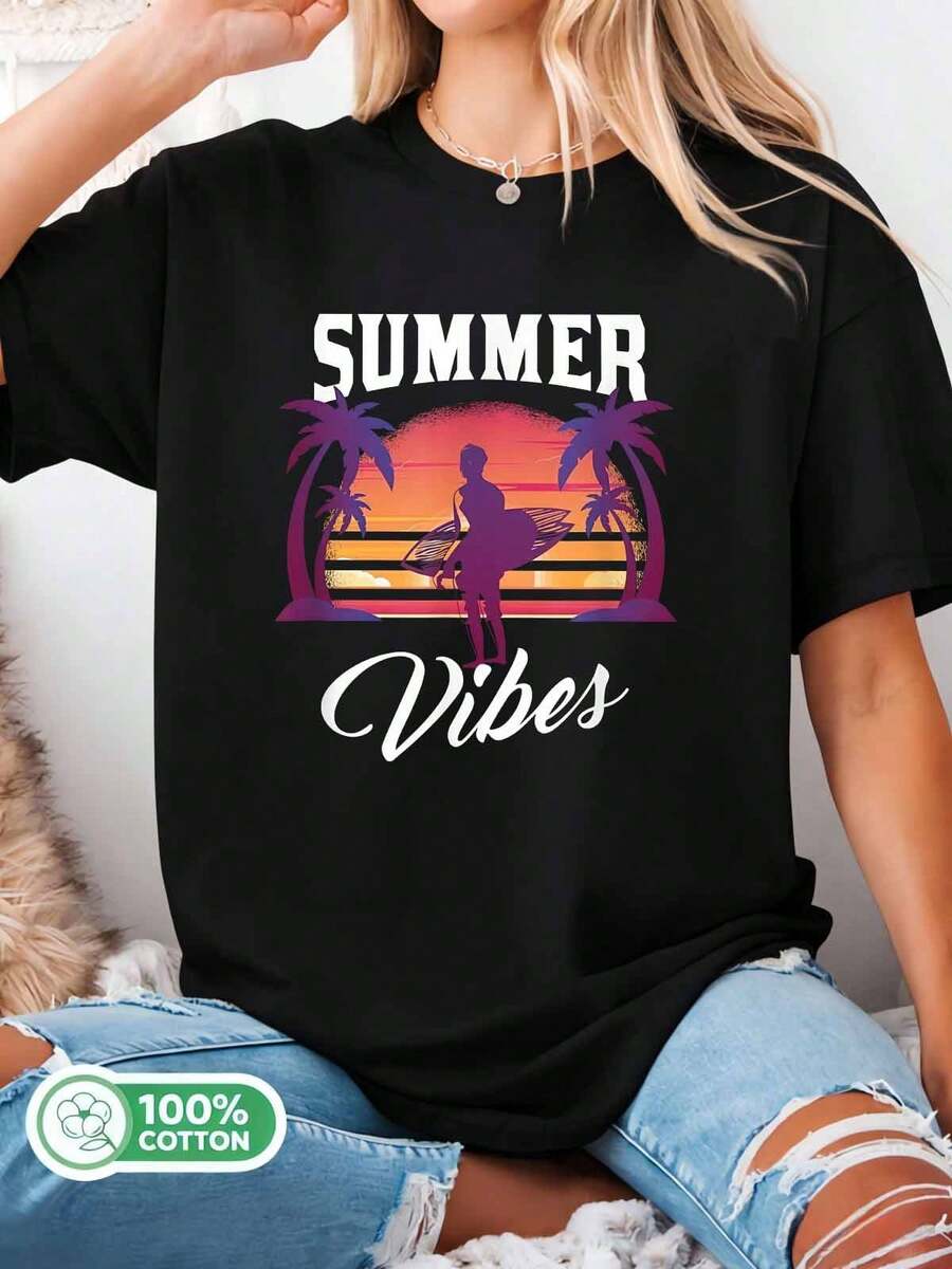 Summer Vibes Sunset Surf Palm Tree Retro Beach 100% Cotton Oversized T-Shirt - Black - View 1