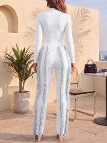 CALEBGAR Women's Sexy Two Piece Outfits Long Sleeve Fringe Pants Set Clubwear Going Out Birthday Party Night Outfits - 白色 - 查看 2