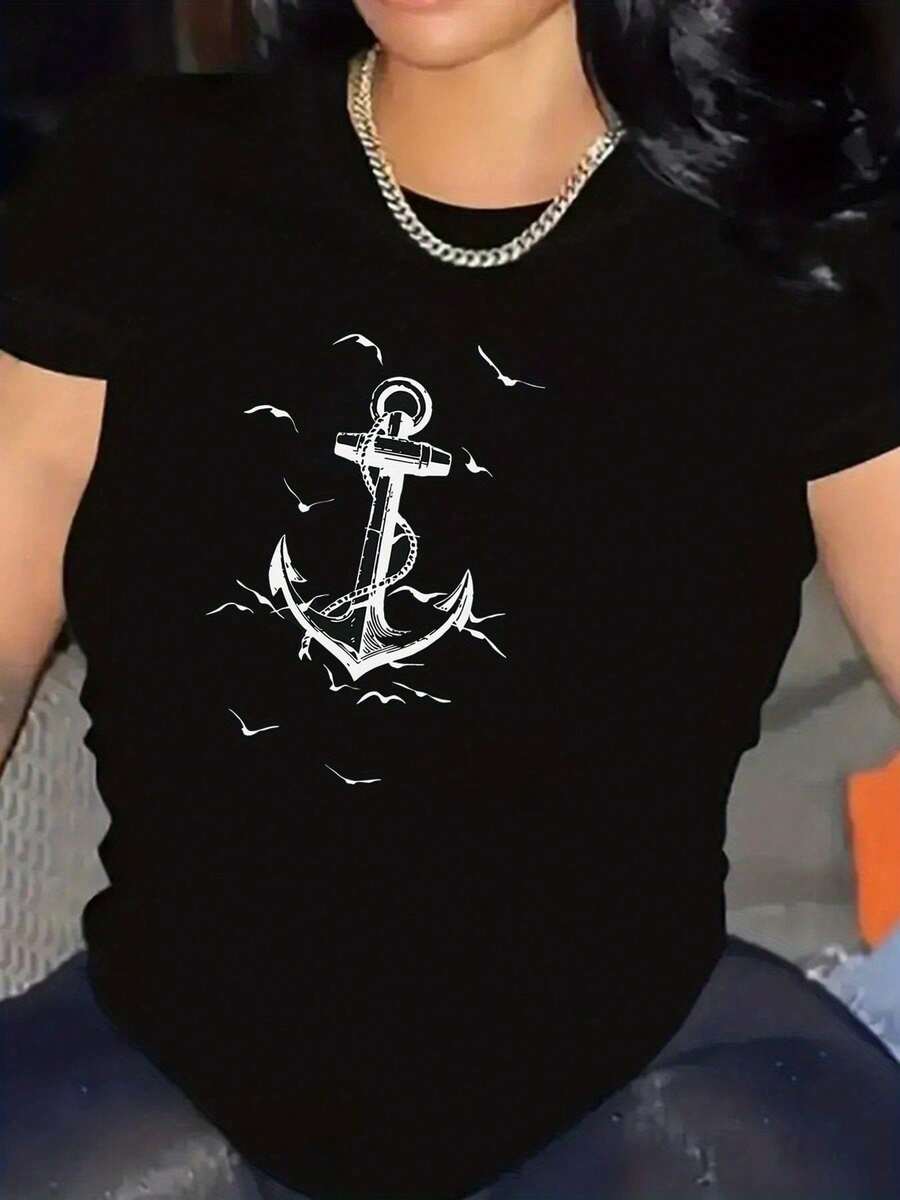 Women's Clothing Summer Tops Holiday Gifts A Cute Anchor Print Summer T-Shirt, A Casual Short-Sleeved T-Shirt For Spring And Summer Sports, New Arrivals For Women Holiday Outfits Mother's Day Women's Shirts - 黑色 - 查看 1