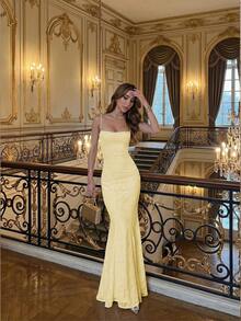 Elegant Charming Wedding Party Holiday Date Spaghetti Strap Dress, Elegant Dress Women, Elegant Dresses For Party, Wedding Guest Dresses, Summer Dresses For Women - Yellow - View 2