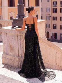 ADYCE V-Neck Spaghetti Strap Rhinestone Mesh High Waist Tie Slit Backless Formal Gown For Party, Banquet, Evening Wedding Black - Black - View 2
