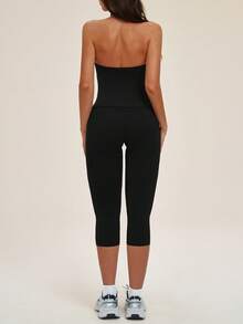 TimeOff Women's One Set Halter Neck V-Neck Criss-Cross Wrap Design Backless Tank Top Tummy Control Butt Lifting Mid-Length Shorts Sports Set - Black - View 3