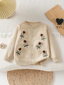 Girls' Knitted Flower Sweater Long Sleeve Back To School Season - Apricot - View 1