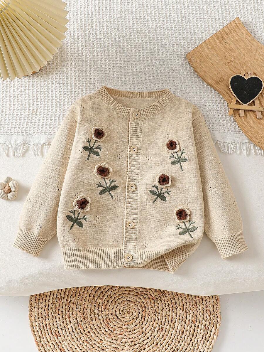 Girls' Knitted Flower Sweater Long Sleeve Back To School Season - Apricot - View 1