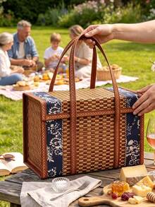 1pc Navy Floral Woven Picnic Basket, Vintage Pastoral Style Faux Rattan Square Storage Basket With Reinforced Handles And Large Capacity Design, Waterproof Lining For Thermal Insulation, Rectangular Woven Storage Box, Suitable For Picnic, Food & Snack Storage, Fruit Storage, Kitchen Organization, Home Decor, Gift Packaging - Multicolor - View 9
