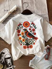 Nuevo estilo [estampado de doble cara] camiseta casual de verano para mujer, estampado floral y de aves, cuello redondo, camiseta de manga corta 100% algodón, top de verano - estilo vintage urbano, unisex, corte holgado, camiseta de manga corta de algodón puro con cuello redondo. - Blanco - Ver 1