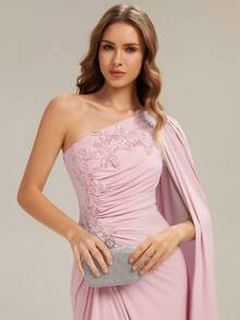 EVERPRETTY Women's V Neck Ruched High Slit Asymmetric Wedding Guest Dress Suitable For Wedding Semi Formal Evening - Pink - View 2