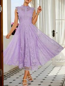 Women's Wedding Guest Dress, New And Elegant Fan-Shaped Lace Flared Dress, Retro Sleeveless Lace Dress, Suitable For Wedding Bridesmaid Dress, Evening Party, Casual Romantic Dates - 灰綠 - 查看 3