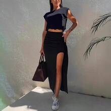 Summer Dresses Women, Round Neck Sleeveless Midi Dress With Slit, Two-Piece Set - 白色 - 查看 3