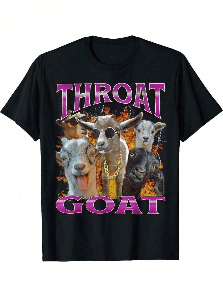 Camiseta con Estampado "Throat Goat" de Shwiy Fun - Estilo Y2K - Humor para Adultos, Manga Corta, Camiseta Casual Negra de Poliéster Estampada, Decorada con Atractivas Letras Moradas y un Divertido Estampado de Cabra, Hecha de Tela Brillante, Diseño Animado y Divertido, ropa casual para mujer. - Negro - Ver 1