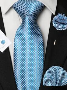 Men's Light Blue And White Honeycomb Polka Dot Jacquard Tie, Pocket Square, Silver Tie Clip, Cufflinks And Lapel Pin Combination Set, Suitable For Daily, Business, Wedding, Workplace, Graduation Season And Other Occasions, Perfect As Men's Birthday, Father's Day, Thanksgiving, Christmas Gifts - Light Blue - View 7