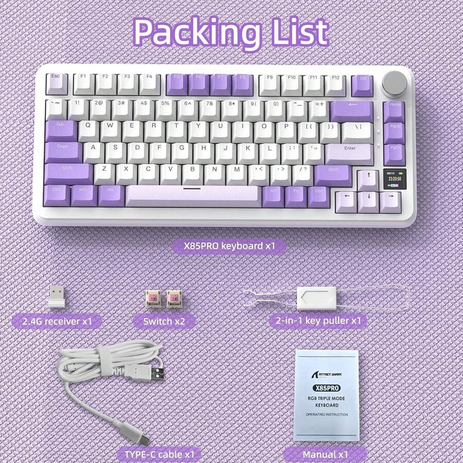 ATTACK SHARK X85PRO Wireless Mechanical Keyboard with TFT Display & Knob, 75% QMK Gasket-mounted Gaming Keyboard, 2.4G/BT/USB-C Wired,Hot Swappable Linear Switch, 4000mAh,NKRO - Übersicht 1