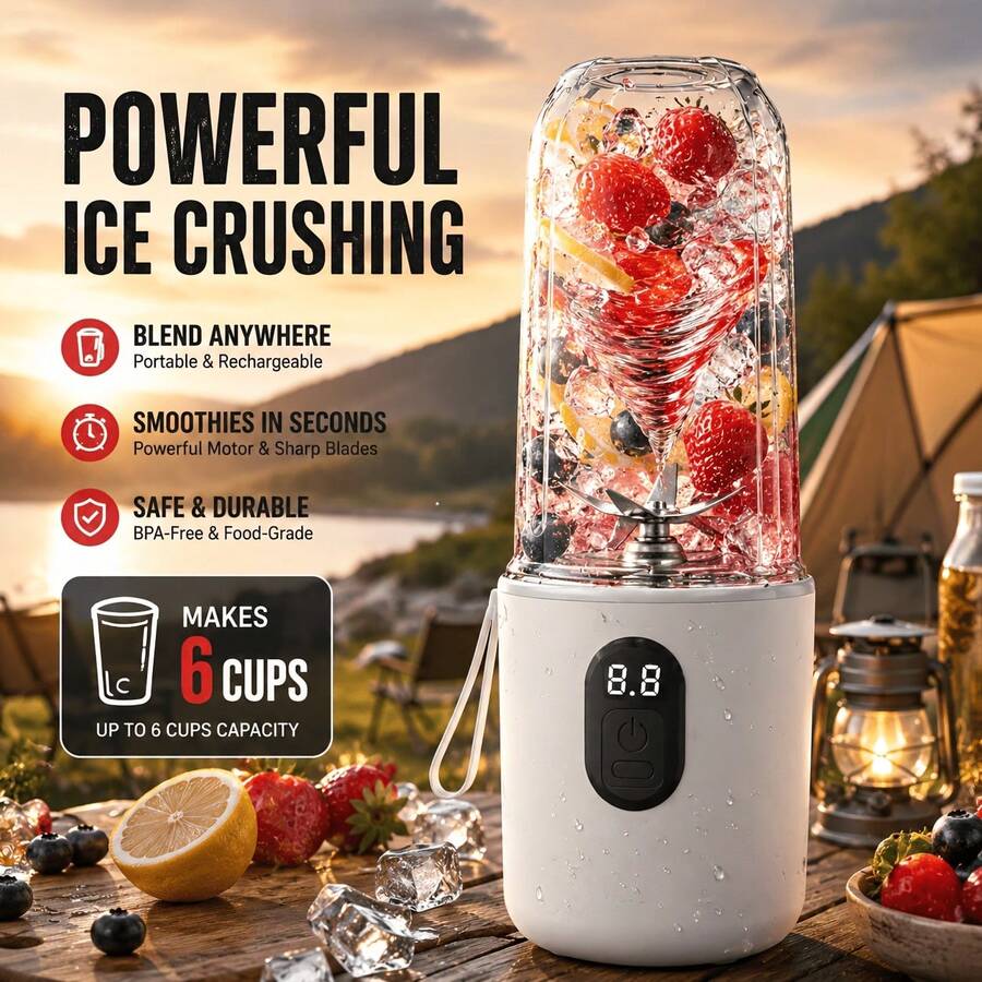 Portable Blender & Juicer With Ice Crusher – Extra Large Capacity, Long-Lasting USB Rechargeable Battery, 16 Blades For Smoothies & Juice–Quiet Ice Crushing–Perfect For, Labor Day, Thanksgiving, Christmas – Includes Free Mixing Lid, Great Gift Idea