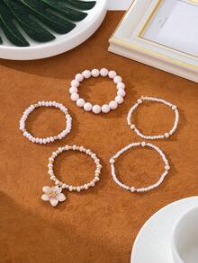 5pcs Sweet & Fresh Style Pink Beaded Bracelet Set With Flower Pendant Decor, Layered Bracelets For Women, Versatile For Daily, Commute And Date - Frangipani - View 3