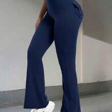 Pantalones cargo con estiramiento alto que levantan el trasero, con bolsillos, adecuados para ejercicios de glúteos, deportes y fitness, con cintura ancha de talle alto y pernera acampanada, para mujer, primavera - Albaricoque - Ver 3