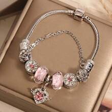 1 pieza Pulsera de cuentas con alas de ángel de cristal rosa estilo dulce con cadena de serpiente plateada, accesorio versátil para uso diario - Pulsera con alas de ángel - Ver 4
