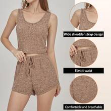 Conjunto de pijama de dos piezas sin mangas para mujer, Chaleco de punto acanalado con botón frontal emparejado con pantalones cortos, para el hogar Color caqui, Verano - múltiple - Ver 2