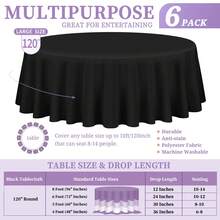 6 Pack Black Round Tablecloth Polyester Table Cloth(60",90",120"), Stain Wrinkle Resistant Polyester Dining Table Cover For Kitchen Dinning Party Wedding Rectangular Tabletop Buffet Decoration - Black - View 12