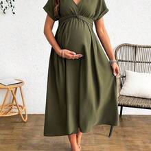 Cheriluna Maternity Vestido elegante de manga corta con cuello en V y cintura retorcida, estilo vuelo, para maternidad, verano - Verde militar - Ver 5